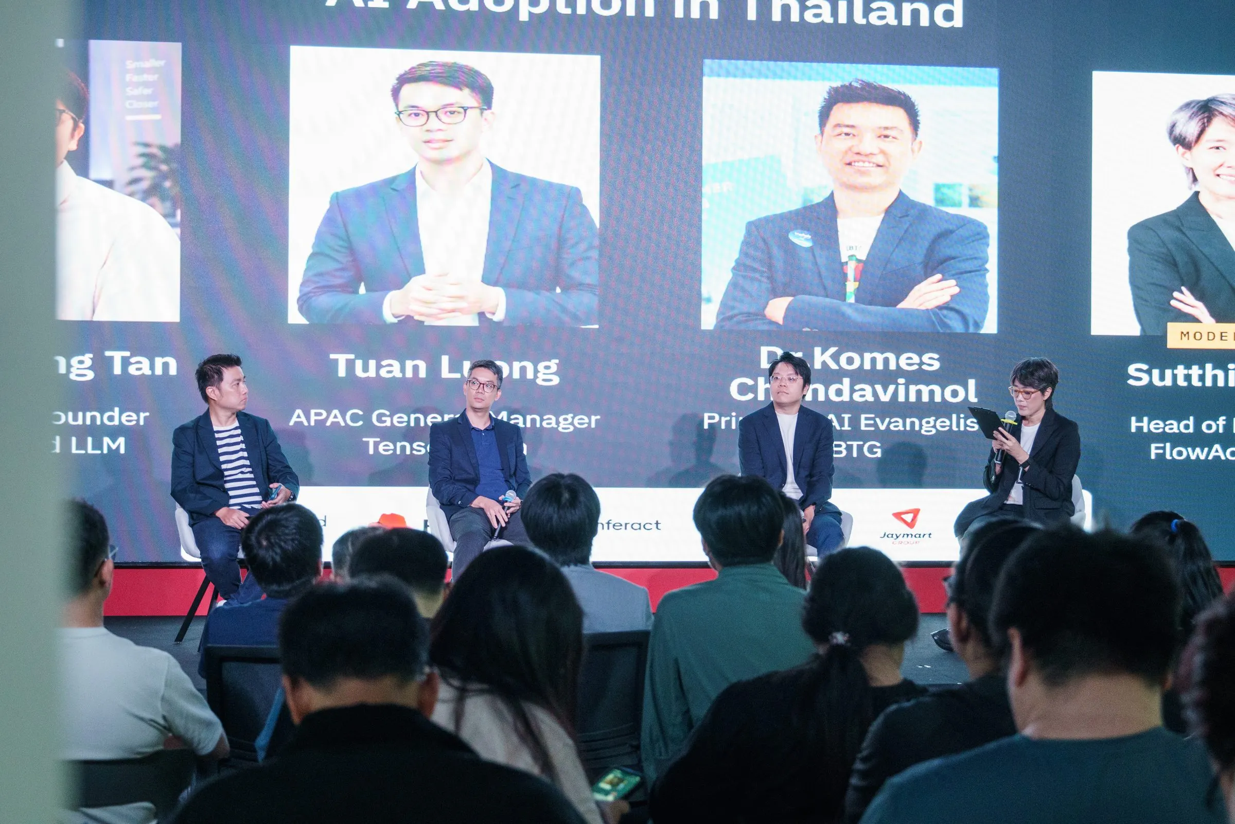 The AI Adoption in Thailand panel: Dr Pin Siang Tan, Tuan Luong and Dr Komes Chandavimol, moderated by Sutthinee Theppariyapol