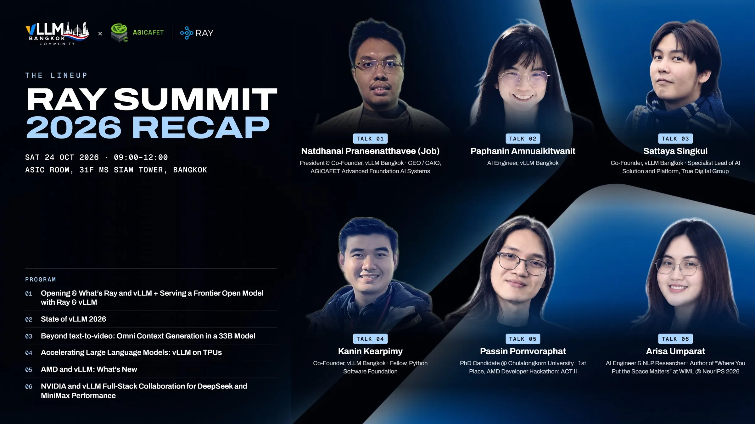 Ray Summit 2026 Recap lineup poster: six speakers with their talk numbers — Natdhanai Praneenatthavee (Job), Paphanin Amnuaikitwanit, Sattaya Singkul, Kanin Kearpimy, Passin Pornvoraphat and Arisa Umparat — and the six-talk programme, Saturday 24 October 2026, 09:00–12:00, ASIC Room, 31st floor, MS Siam Tower
