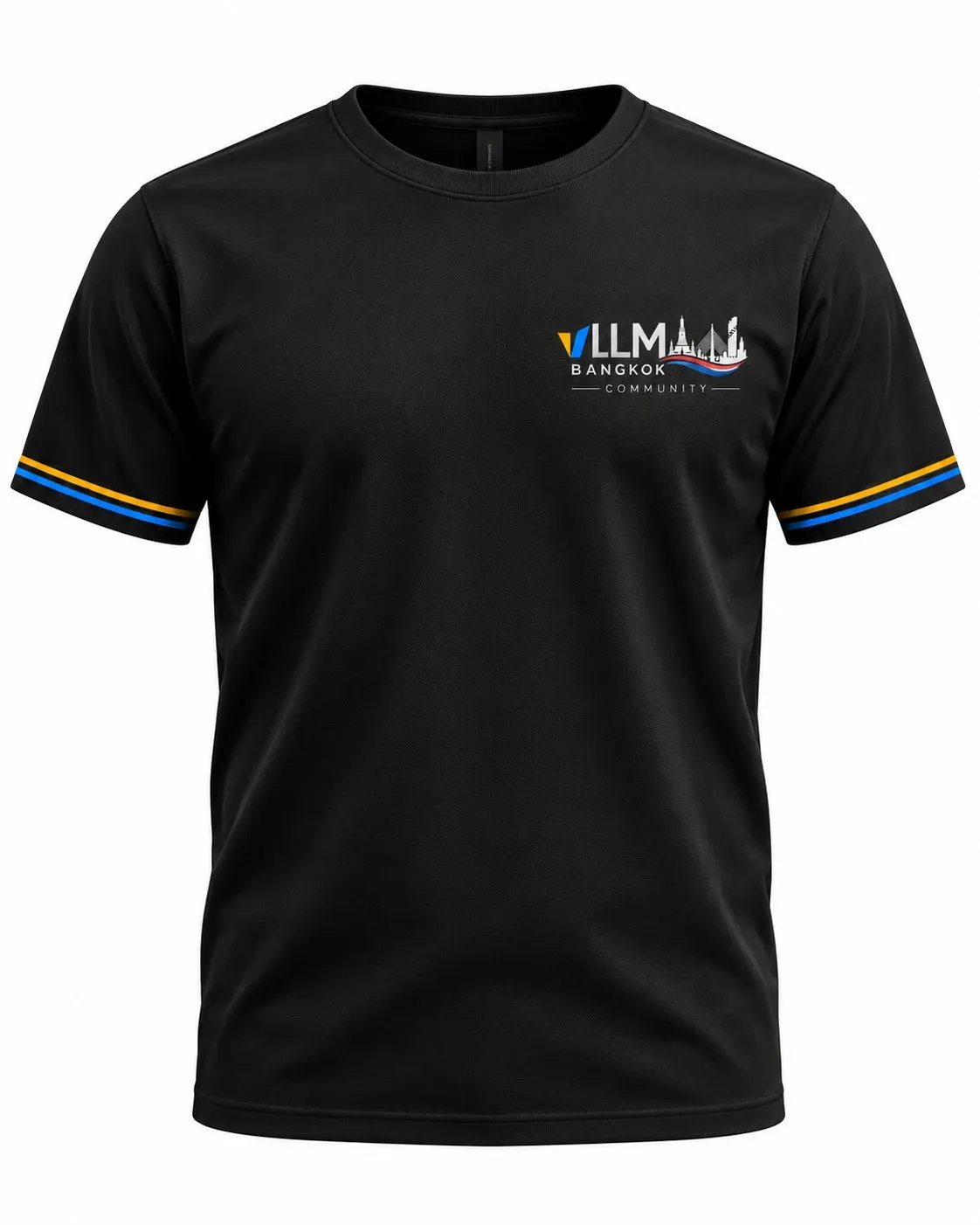 Front of the black vLLM Bangkok Community T-shirt: small logo on the chest, amber and blue stripes on the sleeves
