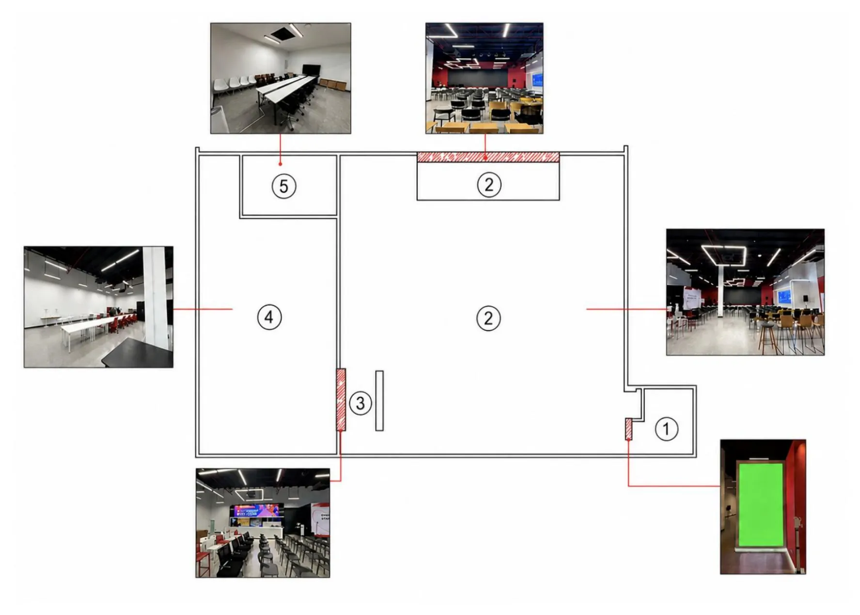 ผังพื้นที่เบื้องต้นแสดง Welcome Zone, Main Hall, Counter Bar, Networking Room และ VIP Lounge พร้อมภาพถ่ายของแต่ละพื้นที่